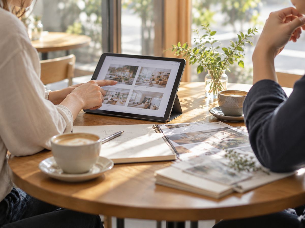 カフェで、タブレットに並んだ参考サイトを指さして相談している様子