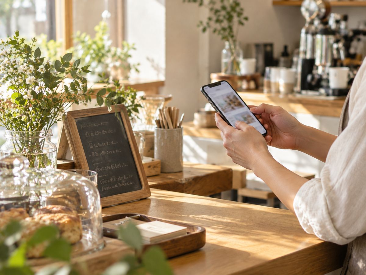 開店前のカウンターで、店主がスマートフォンを見ている様子